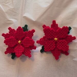 Handmade Red Crochet Poinsettia Hair Clips